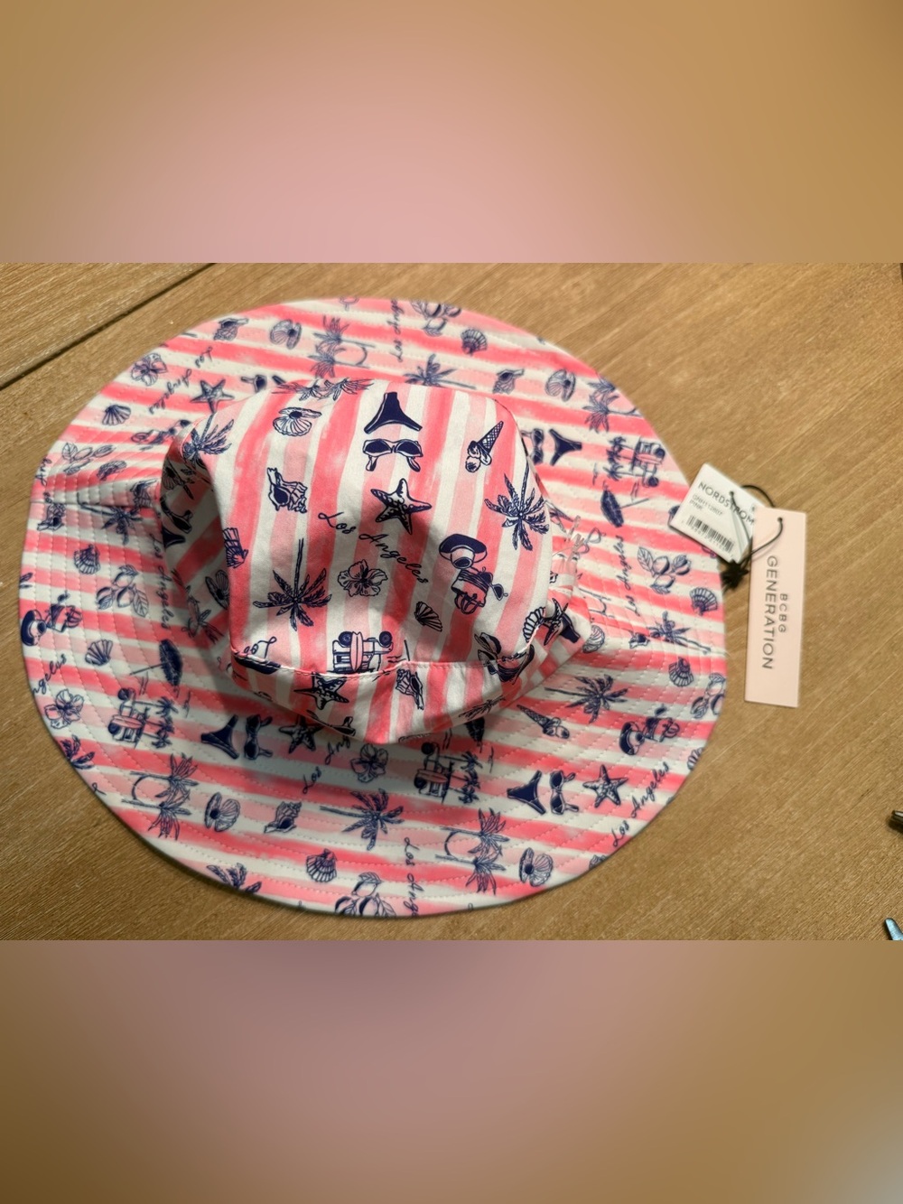 BCBGeneration Pink and White Striped Sun Hat with Navy Beach Icons